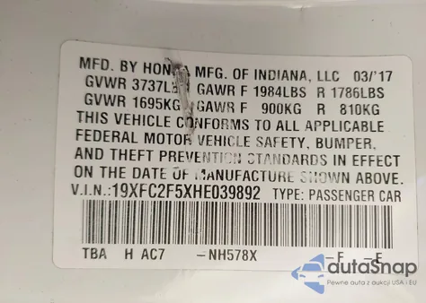 2017 Honda Civic Lx z USA, uszkodzony, nr VIN 19XFC2F5XHE039892